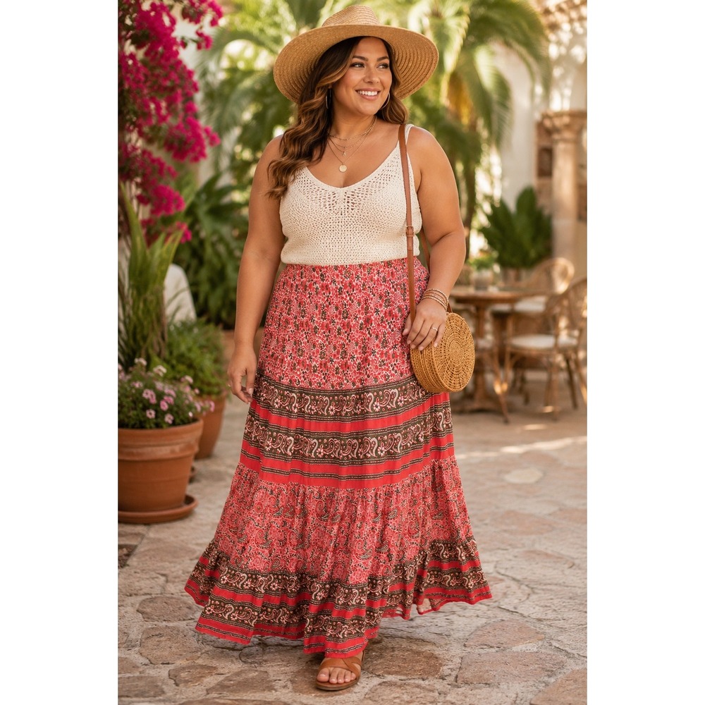 White Stag Coral Paisley Floral Tiered Boho Maxi Skirt XL 16/18 Rayon